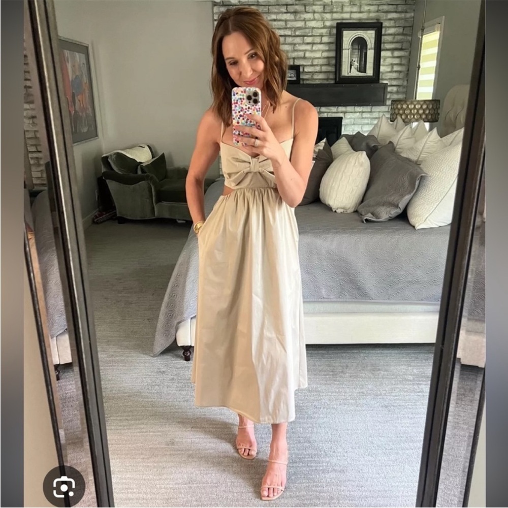 NWOT J. Crew Collection Bow Front Cutout Midi Dress in Stretch Taffeta Khaki Tan - Picture 2 of 4